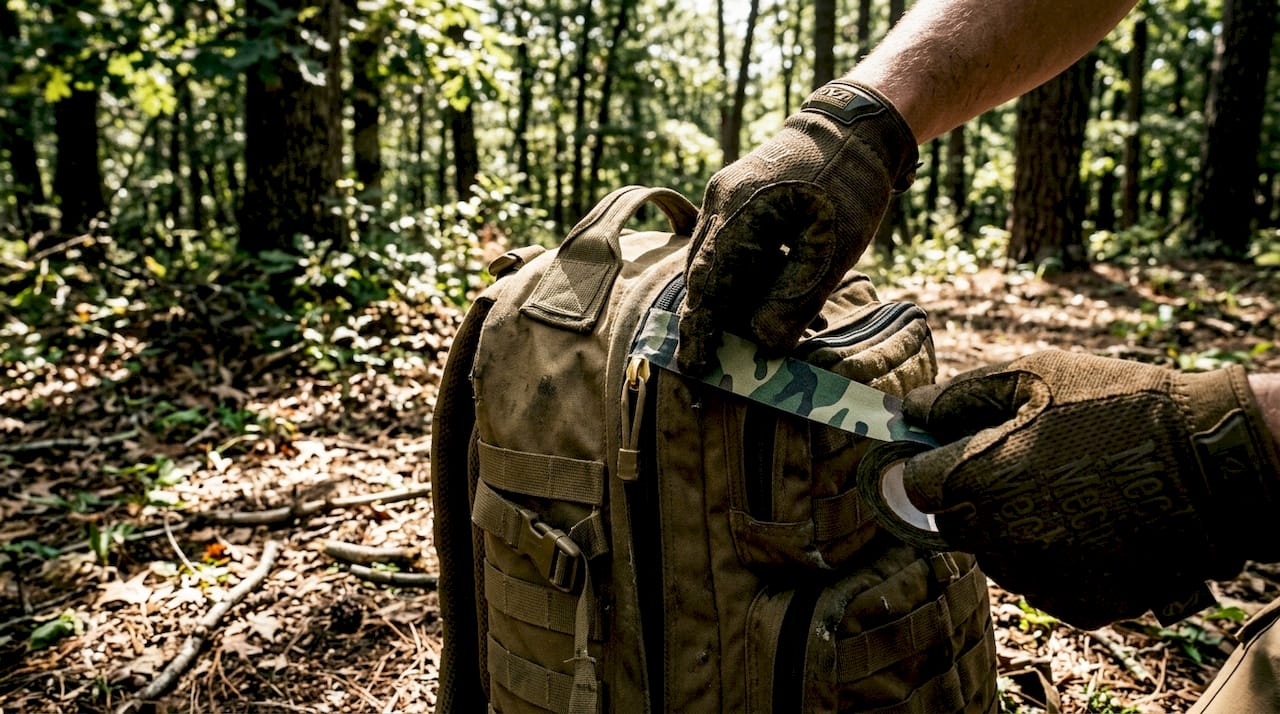 Hands applying matte tape to backpack zipper