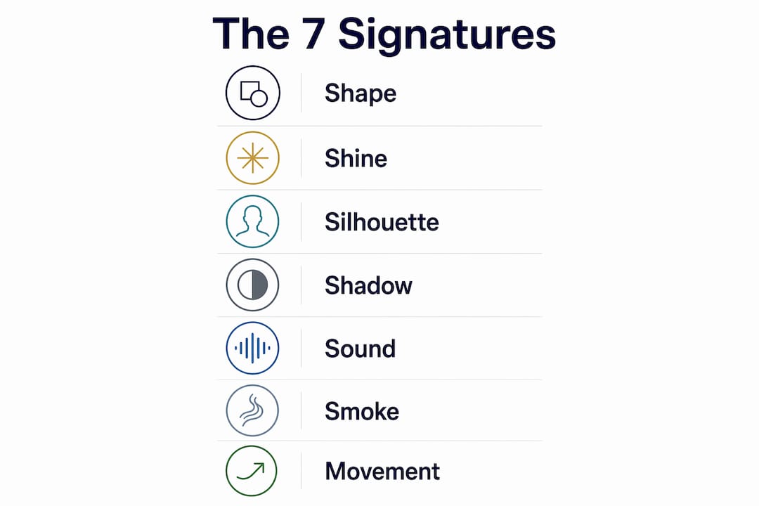 Infographic illustrating the seven camouflage signatures