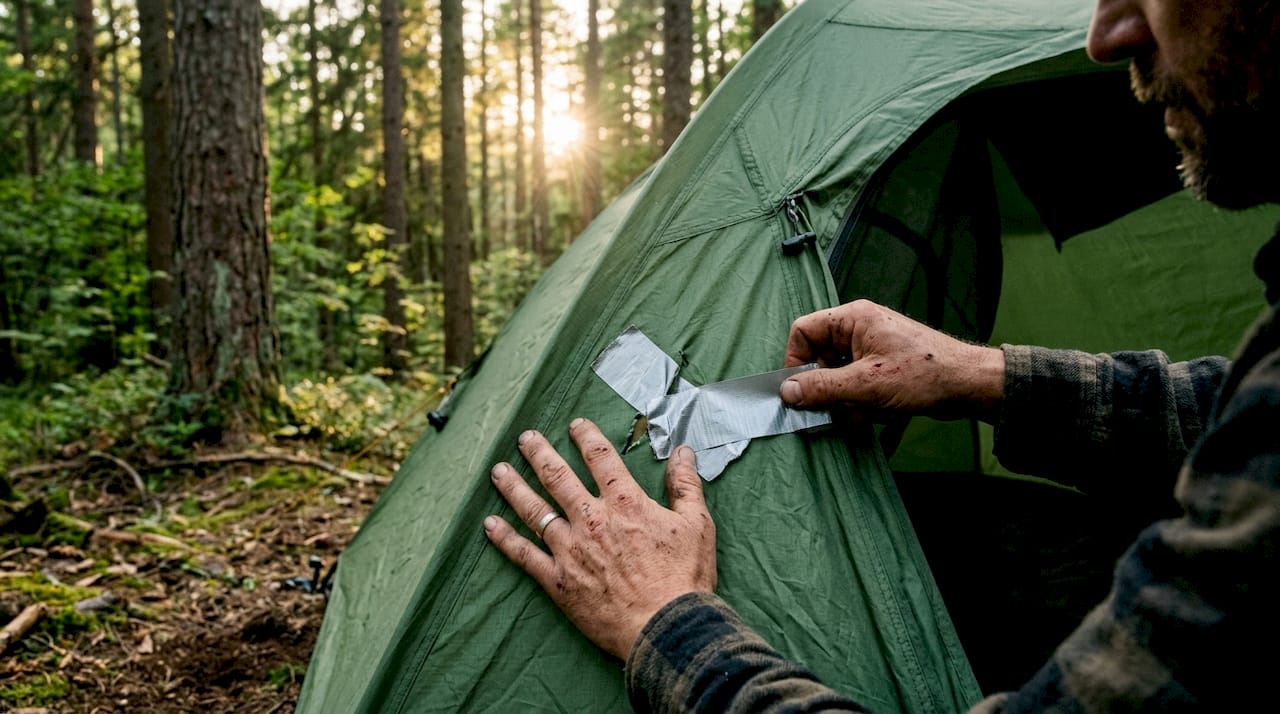 Hands repairing torn tent with duct tape