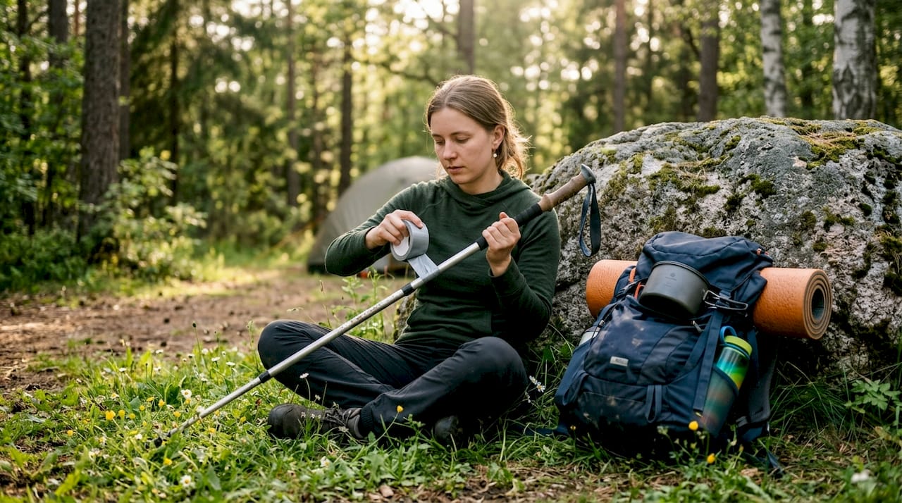 Camper preparing duct tape at forest campsite