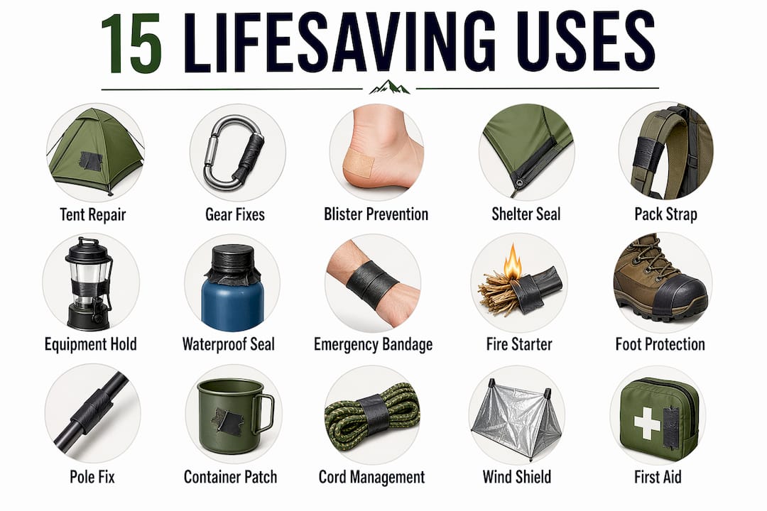 Infographic illustrating 15 key duct tape camping uses