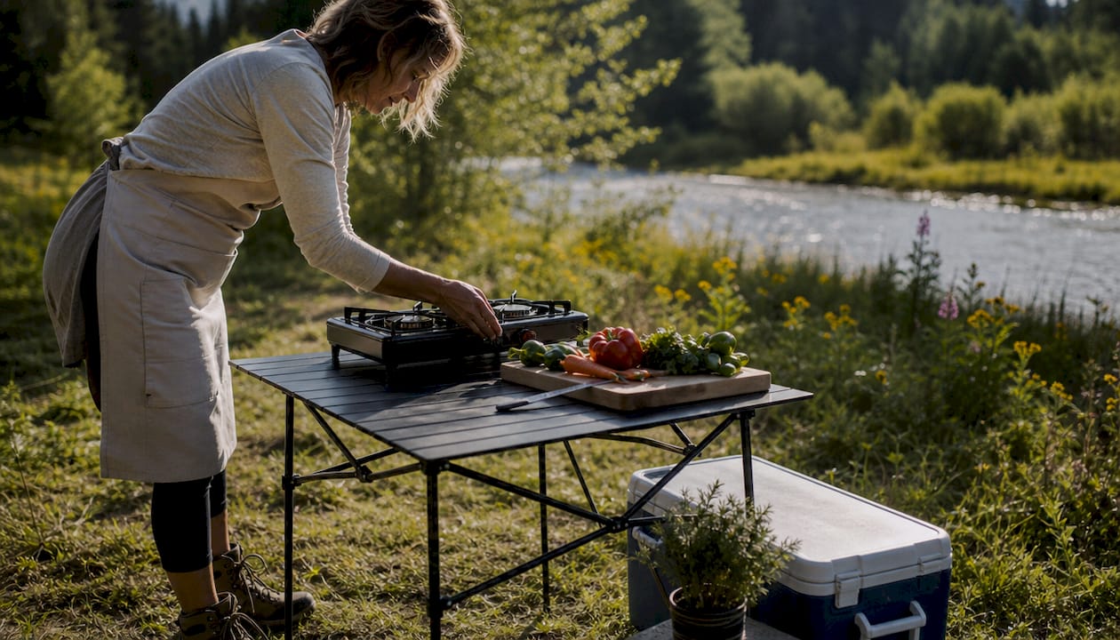 Woman arranging outdoor camp kitchen setup