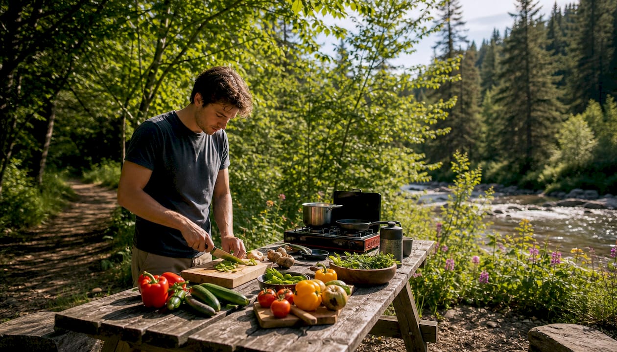 Man chopping vegetables in camp kitchen prep area