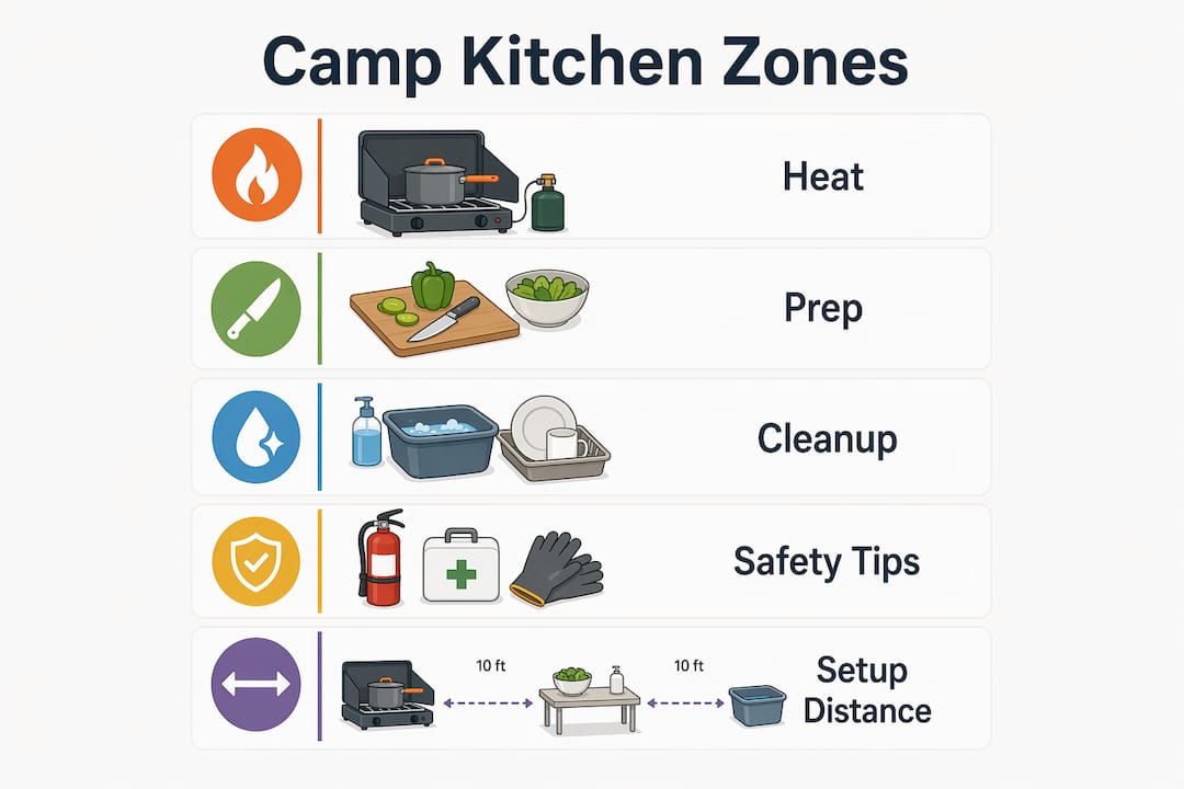 Infographic showing camp kitchen zones and setup tips