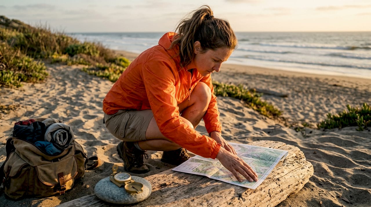 Hiker using map and compass on trail