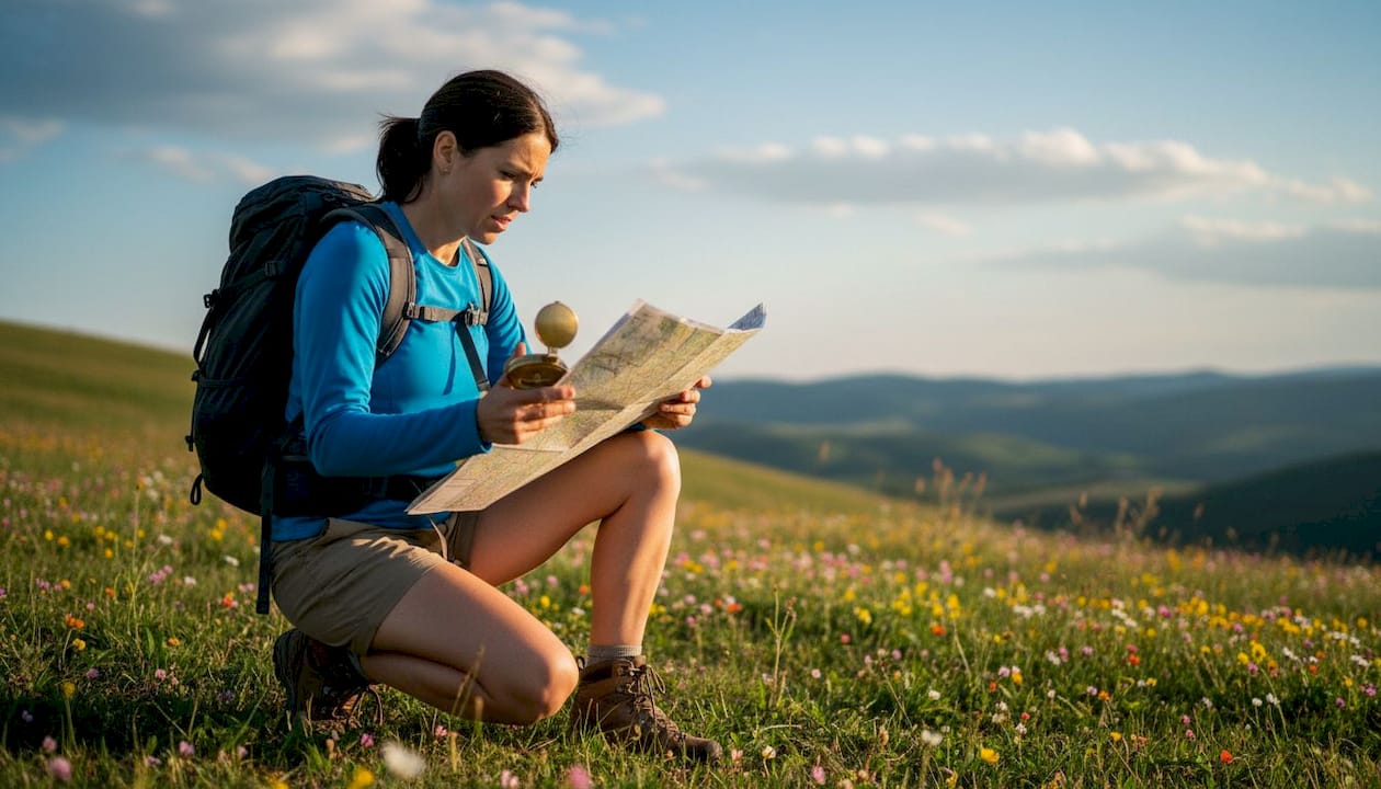 Hiker consulting map and compass outdoors
