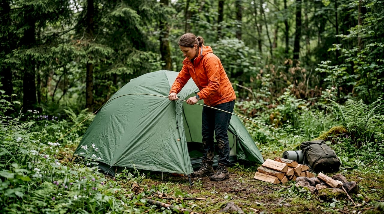 Camper assembling dome tent in mountain meadow