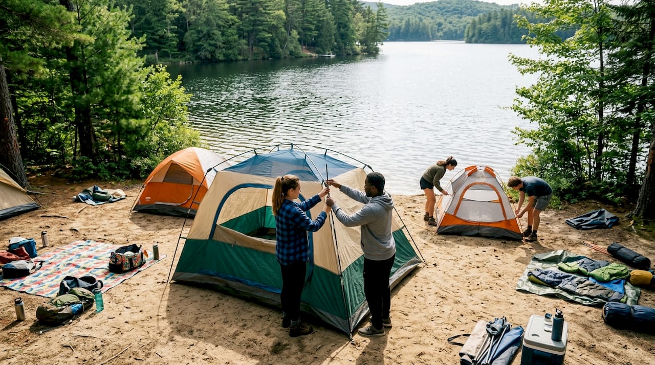 Campers setting up dome and cabin tents outdoors