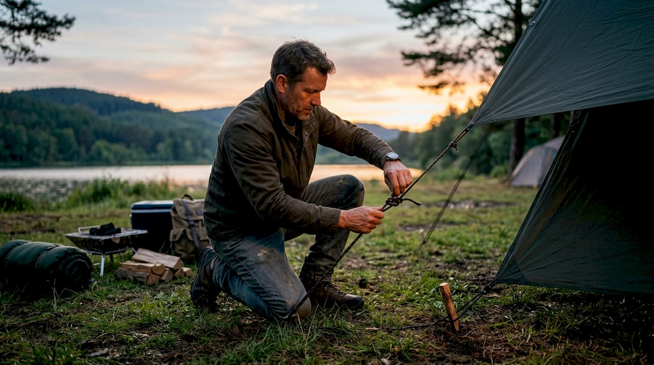 Hands tying tarp rope knot with camping gear nearby