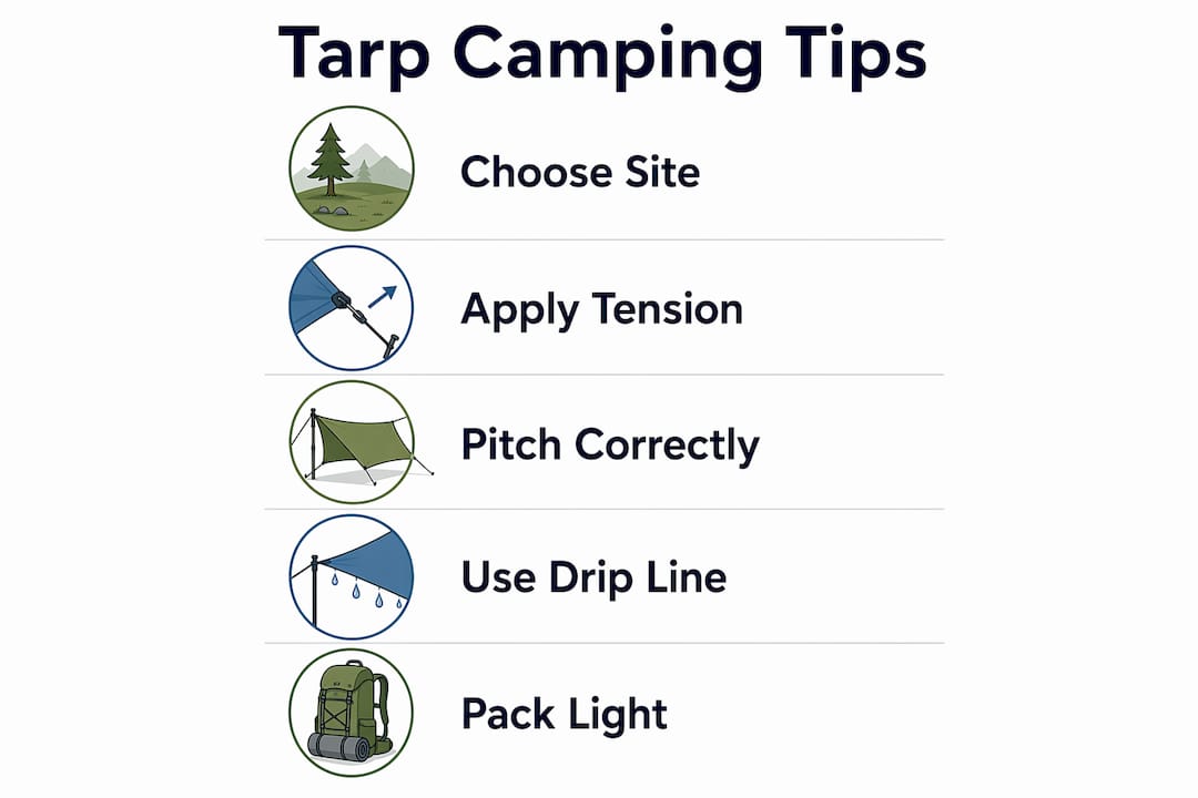 Infographic showing key tarp camping steps in vertical flow