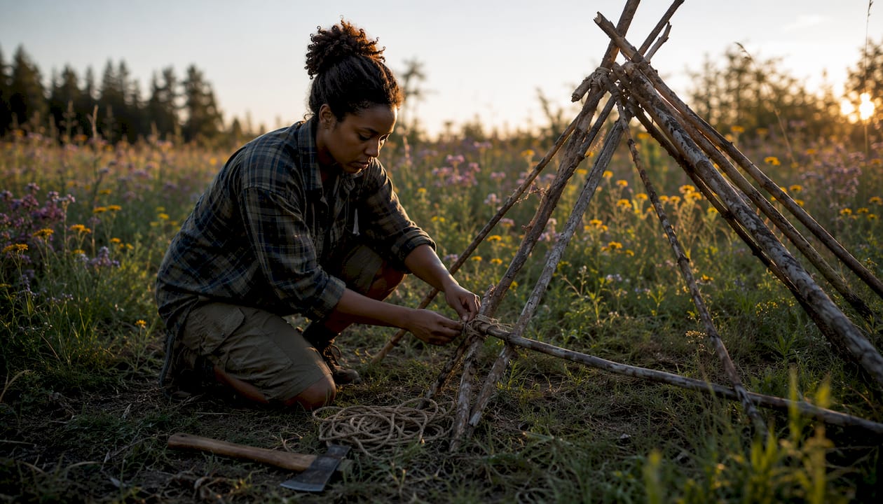 Woman building lean-to shelter in forest