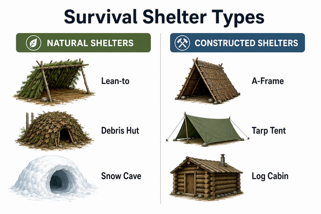Infographic comparing natural and constructed survival shelters