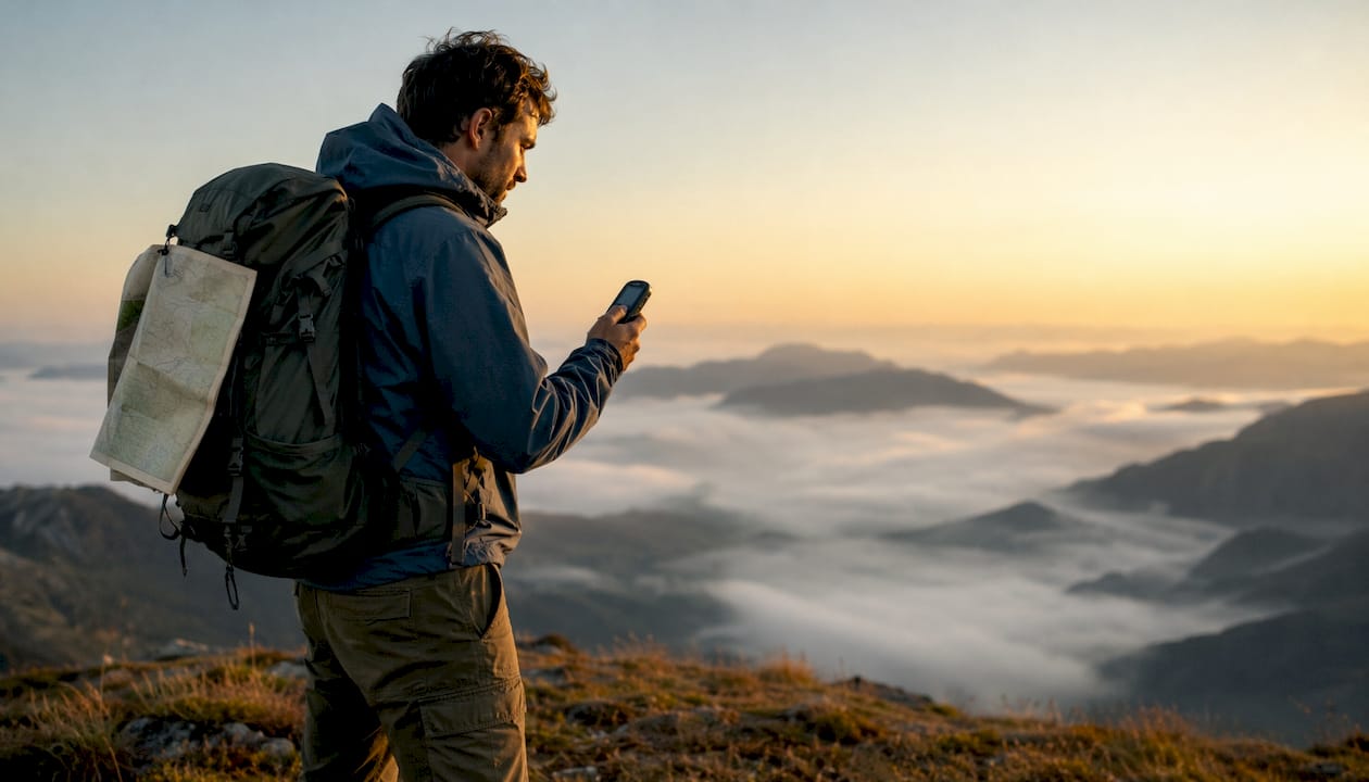 Hiker checking GPS device outdoors