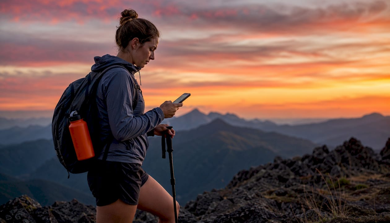 Hiker navigating with smartphone app outdoors
