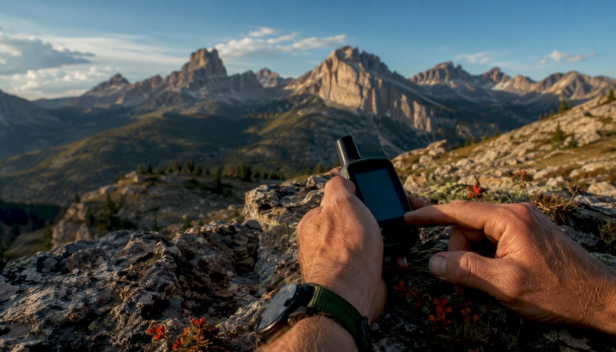 Hands operating handheld GPS on forest trail