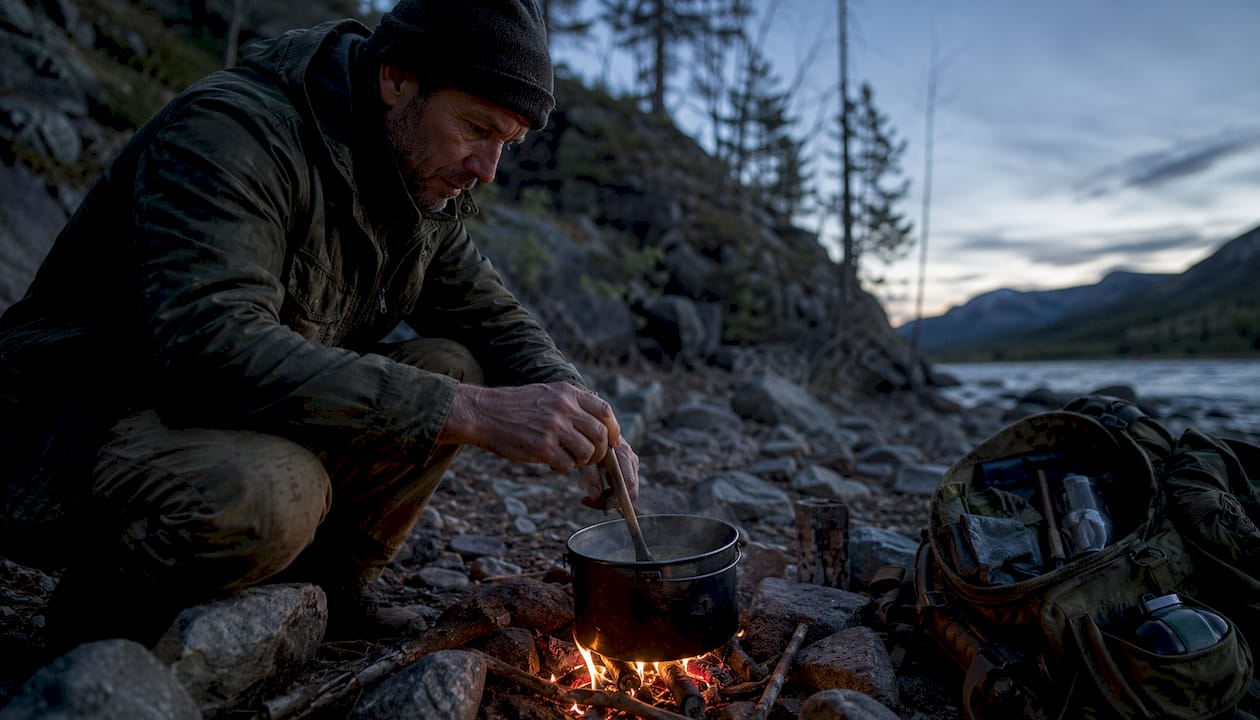 Man boiling water outdoors for emergency purification