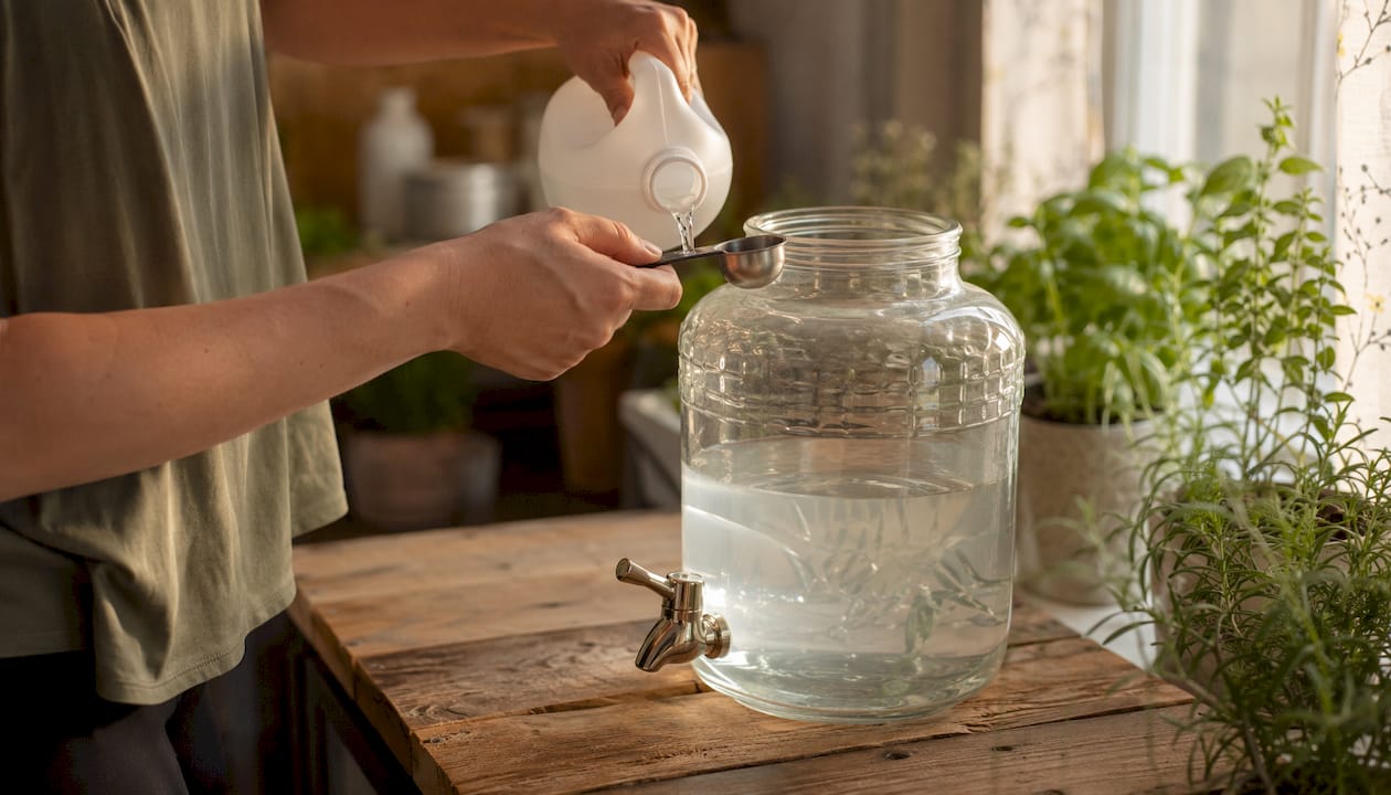 Hands adding bleach to water jug for purification