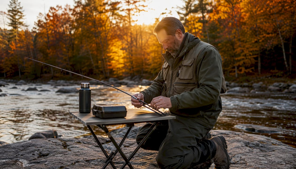 Angler preparing fishing gear beside mountain stream