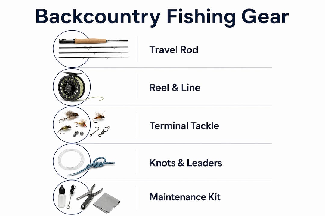 Infographic listing backcountry fishing gear checklist items