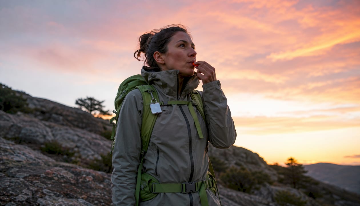 Hiker using whistle to signal in forest