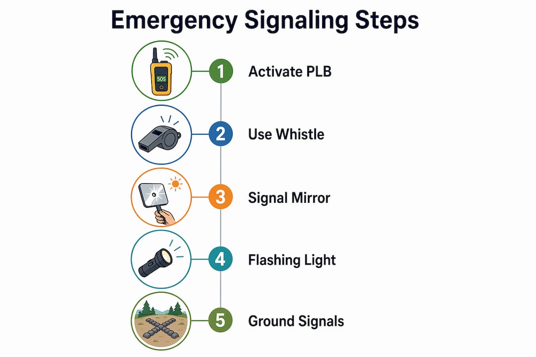Infographic illustrating emergency signaling steps for hikers
