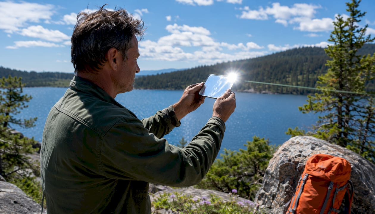 Hiker aiming signal mirror at sunlight