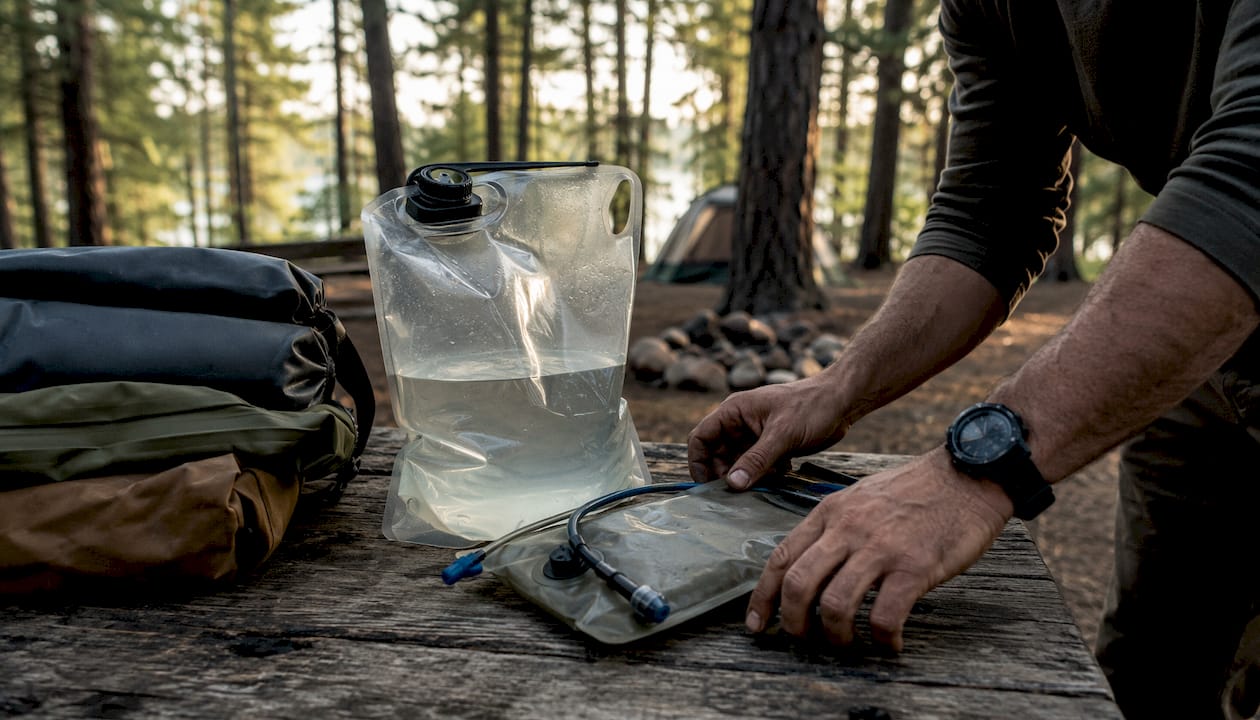 Water containers and bags arranged on outdoor table.