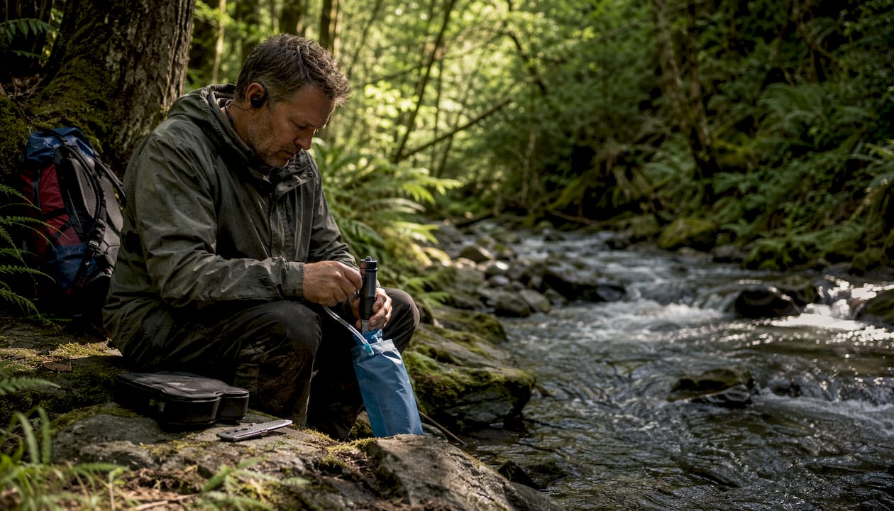 Man filtering water from mountain stream outdoors.
