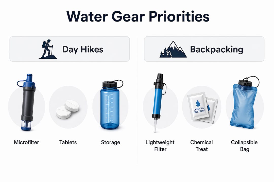 Infographic comparing water gear priorities for activities.