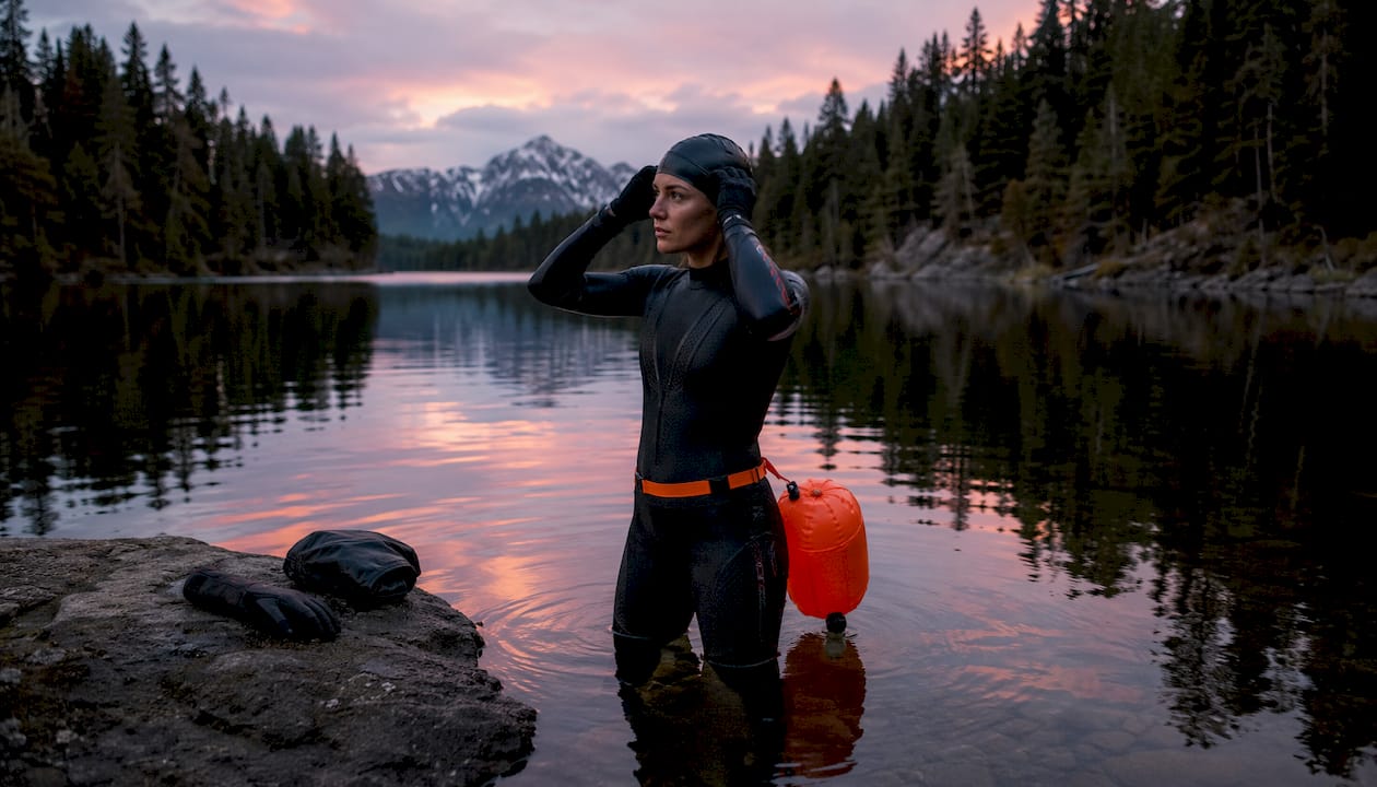 Survivalist ready to swim in mountain lake