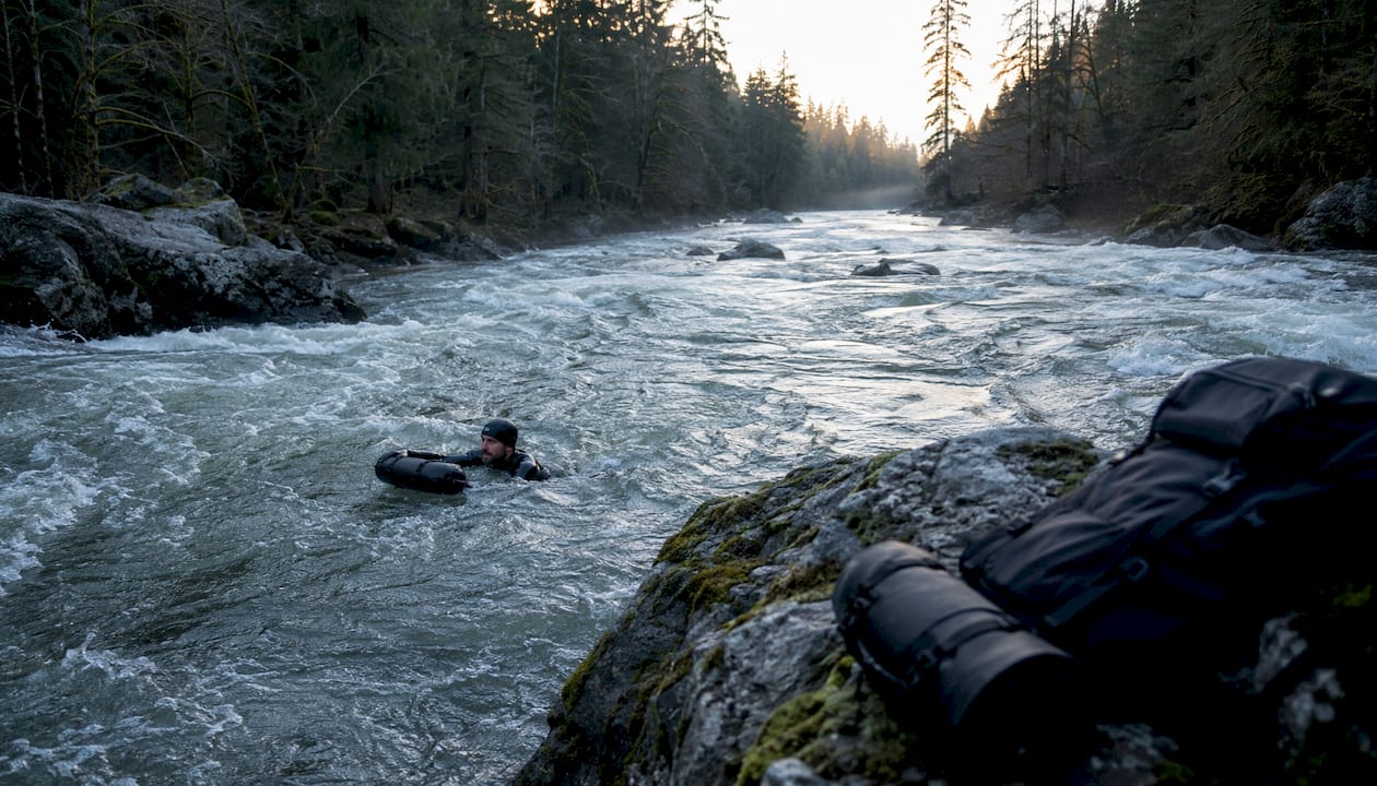 Swimmer gripping swim buoy in mountain river