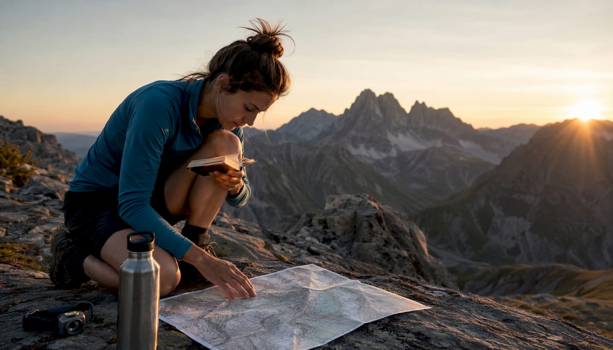 Woman planning hiking route outdoors at picnic table