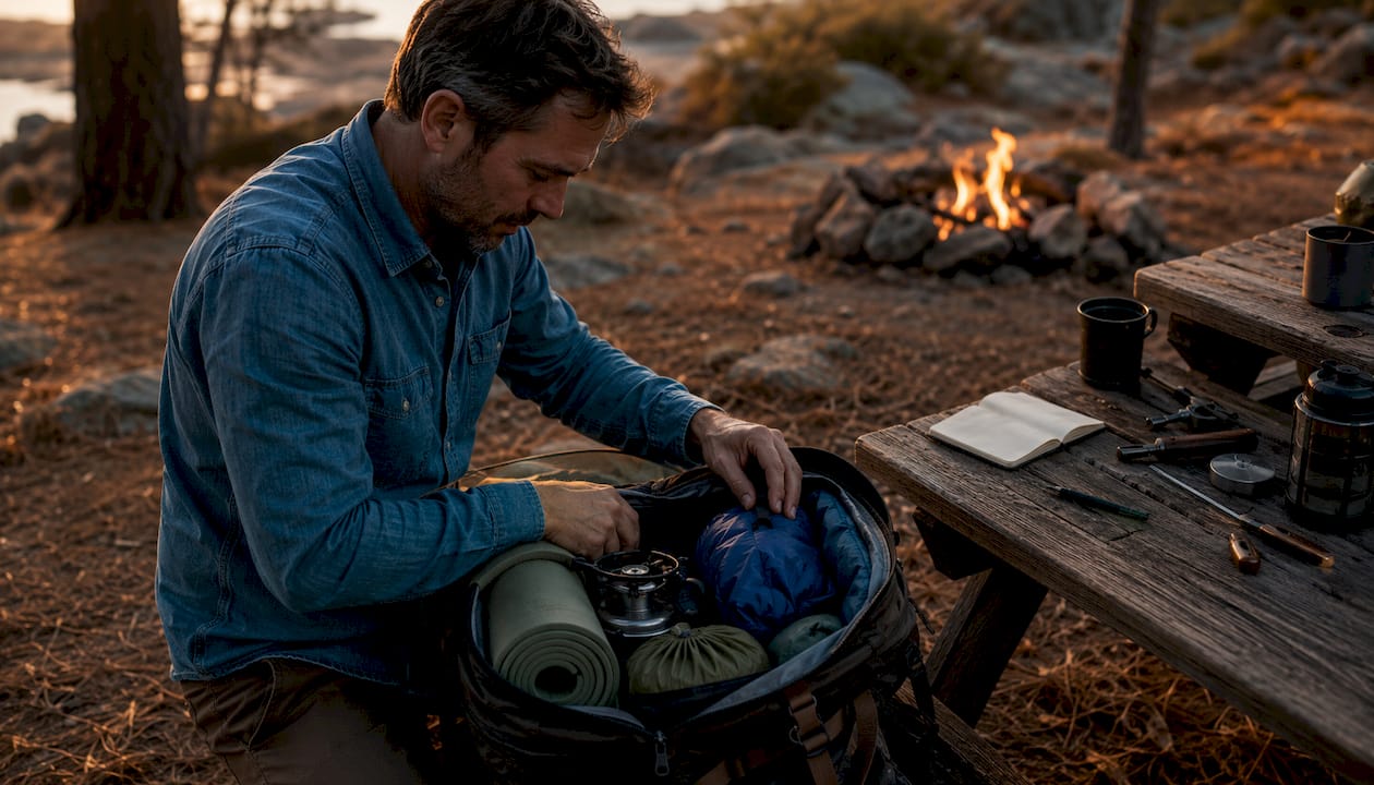 Hands packing essential hiking gear in backpack