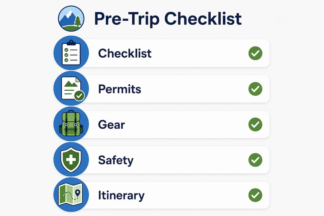 Infographic illustrating pre-trip checklist steps for outdoor adventure