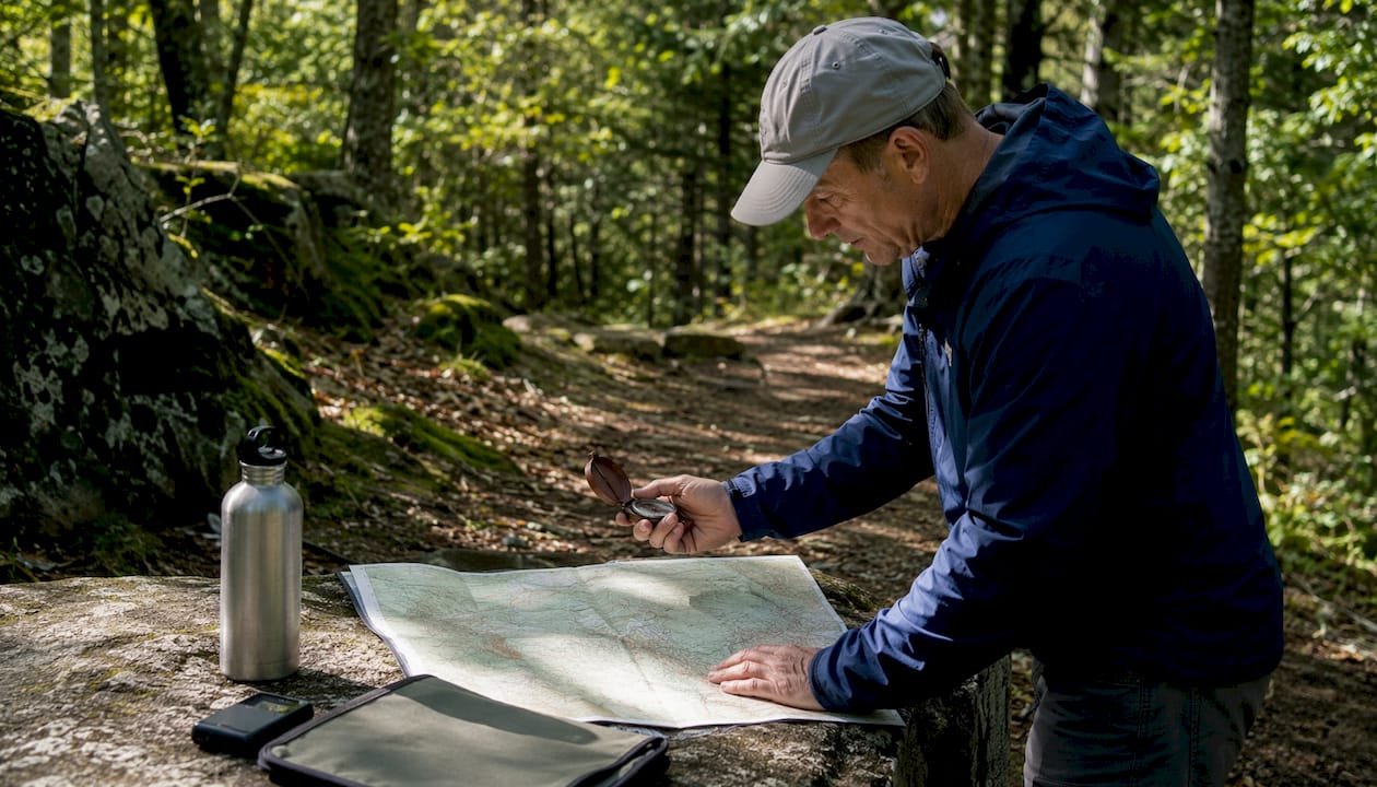 Hiker studying map at forest trailhead table