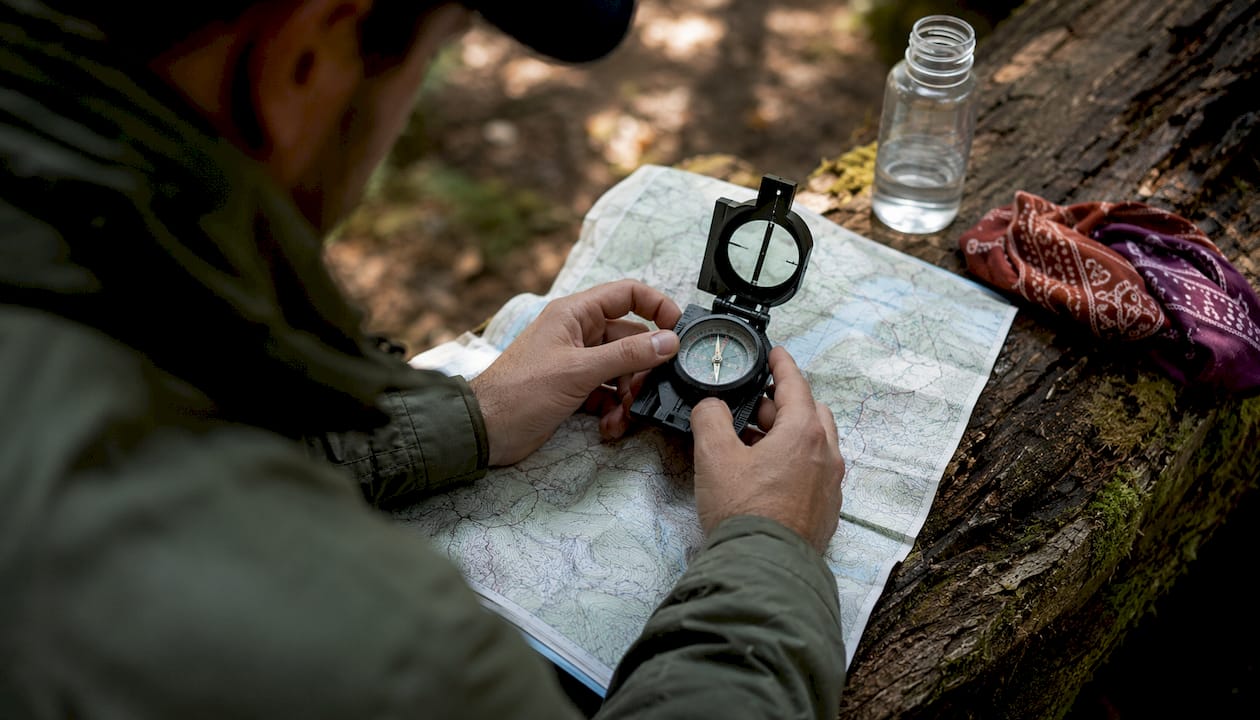 Hands aligning compass on map in forest