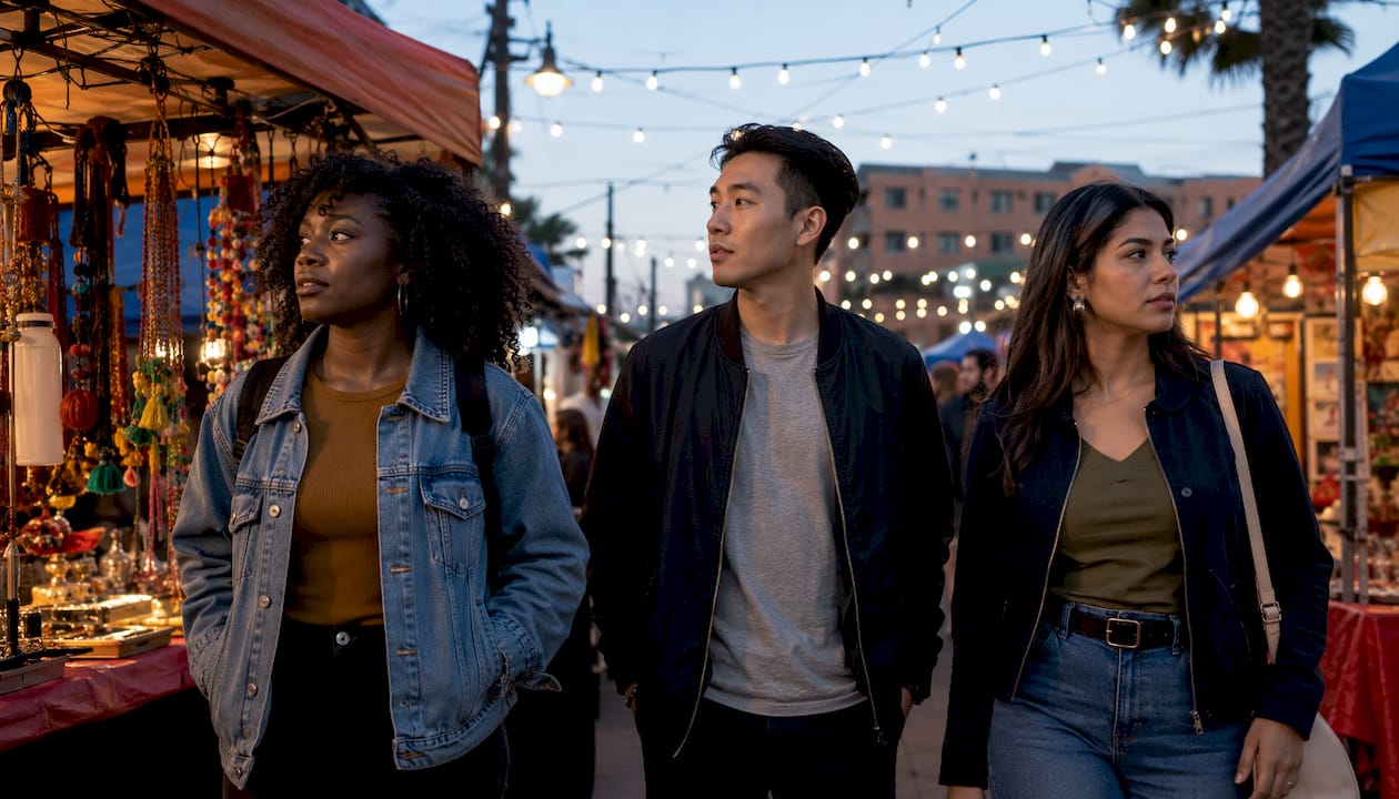 Group walking attentively near transit station
