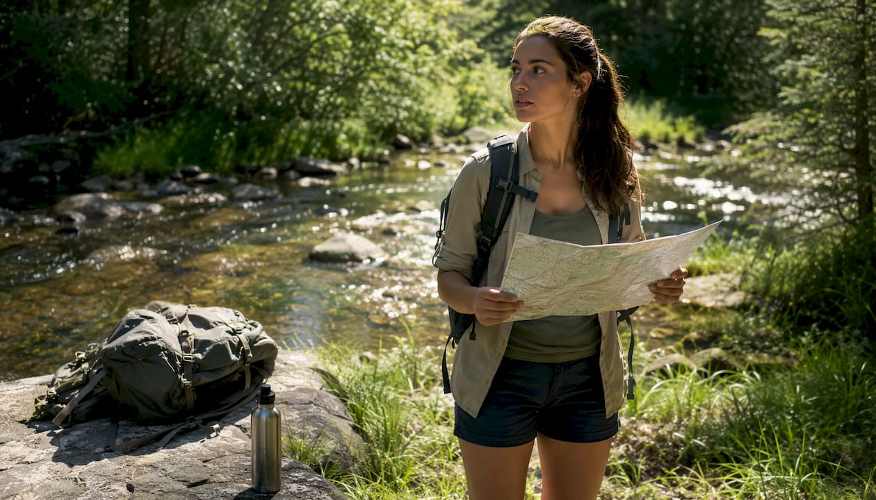 Hiker pausing at trailhead surveying surroundings