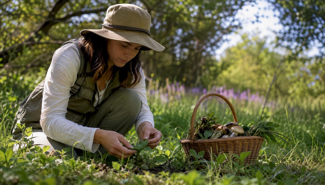 Woman foraging wild edible plants outdoors