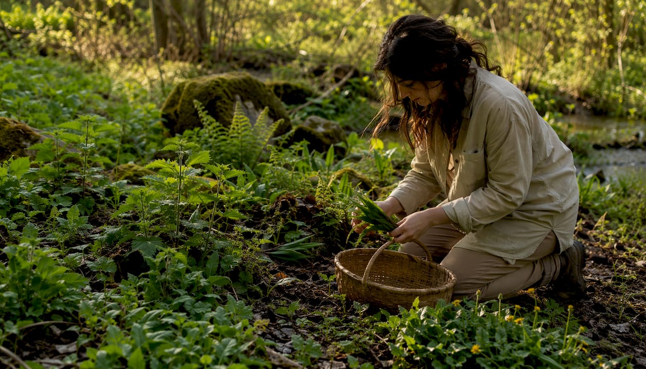 Woodland edge with spring wild edible plants