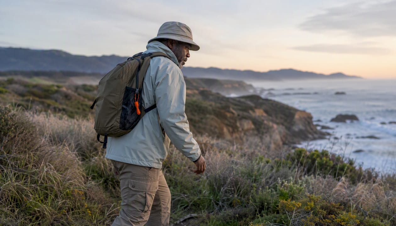 Man hiking carefully to avoid startling wildlife