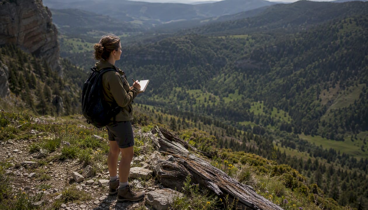 Woman evaluating forest site for shelter