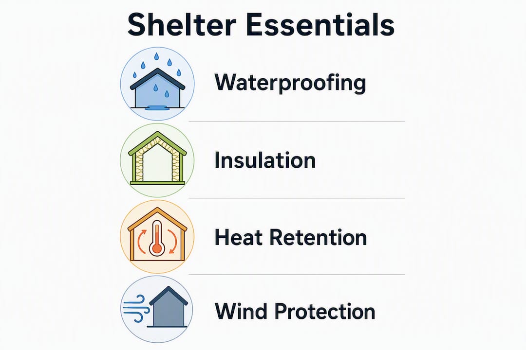 Infographic showing four key primitive shelter essentials