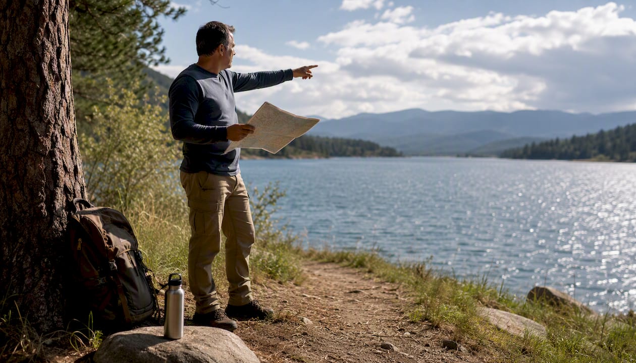 Man studying map at forest trailhead