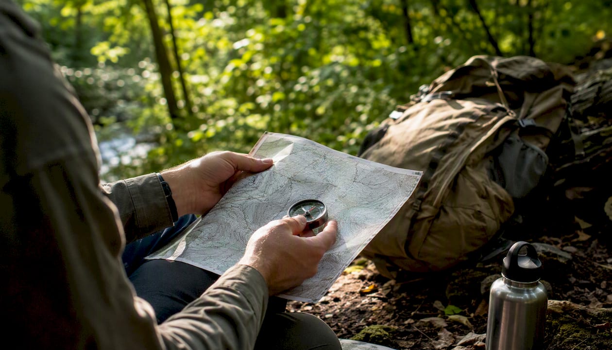 Hiker using map and compass on trail