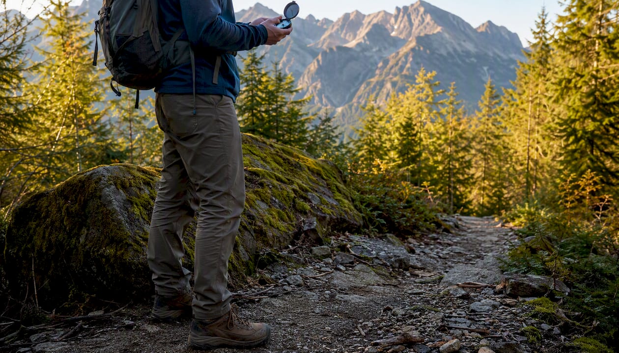 Hiker at stream junction using compass