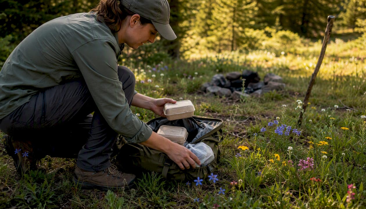 Hands packing outdoor gear for Leave No Trace