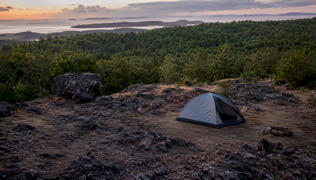 Tent pitched on rocky durable surface