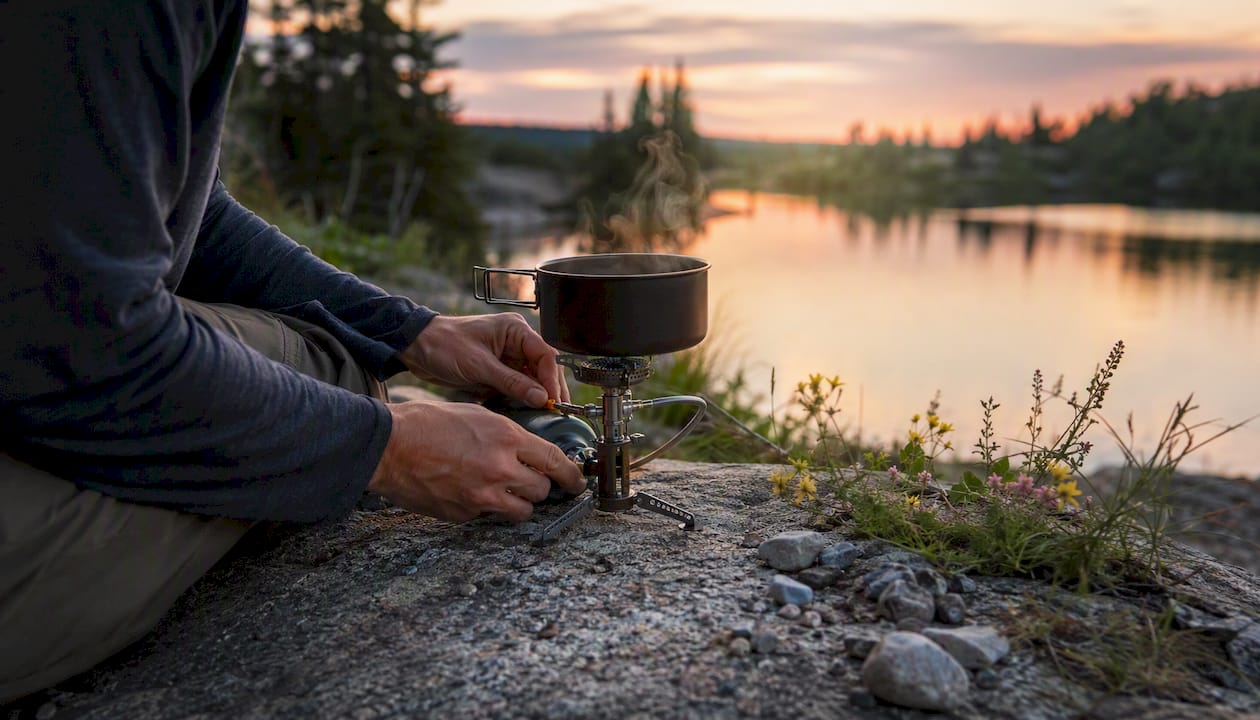 Hands using camp stove in forest clearing