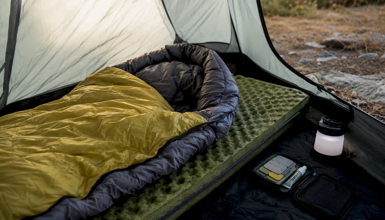 Sleeping bag layered on insulated sleeping pad